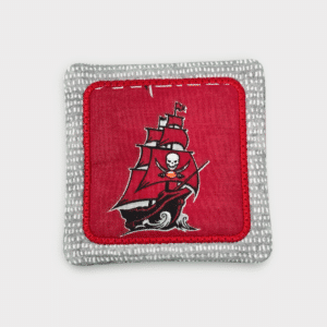 Set of handmade fabric coasters featuring the Tampa Bay Buccaneers team logo and colors.