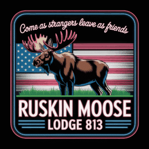 Patriotic Ruskin Moose Lodge coaster with neon flag background and large moose graphic.