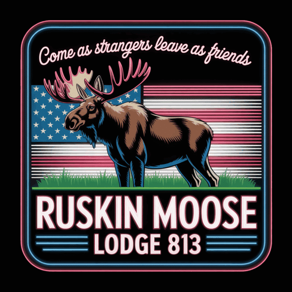 Patriotic Ruskin Moose Lodge coaster with neon flag background and large moose graphic.