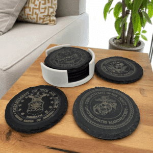 Laser-etched slate coasters featuring U.S. military seals