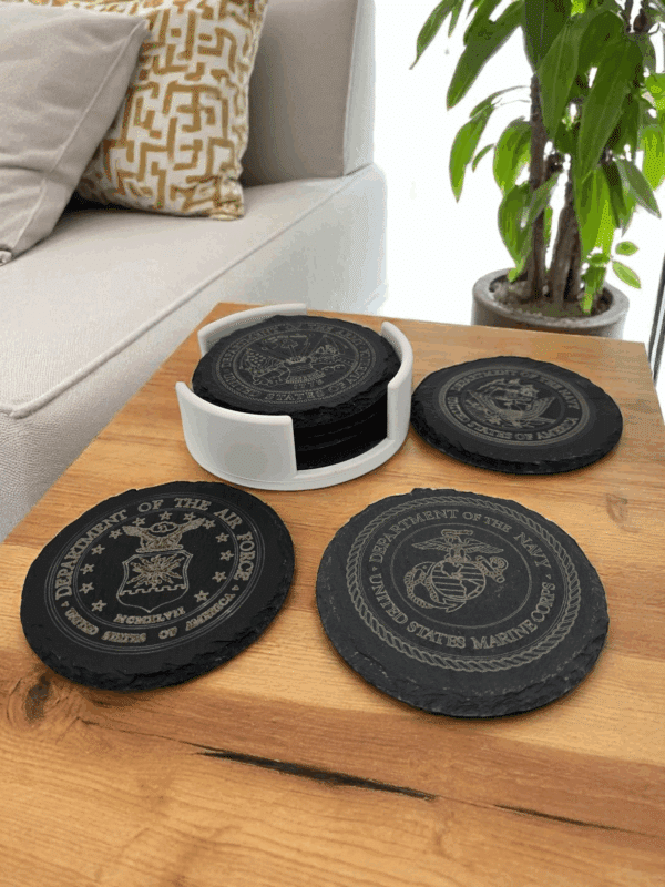 Laser-etched slate coasters featuring U.S. military seals