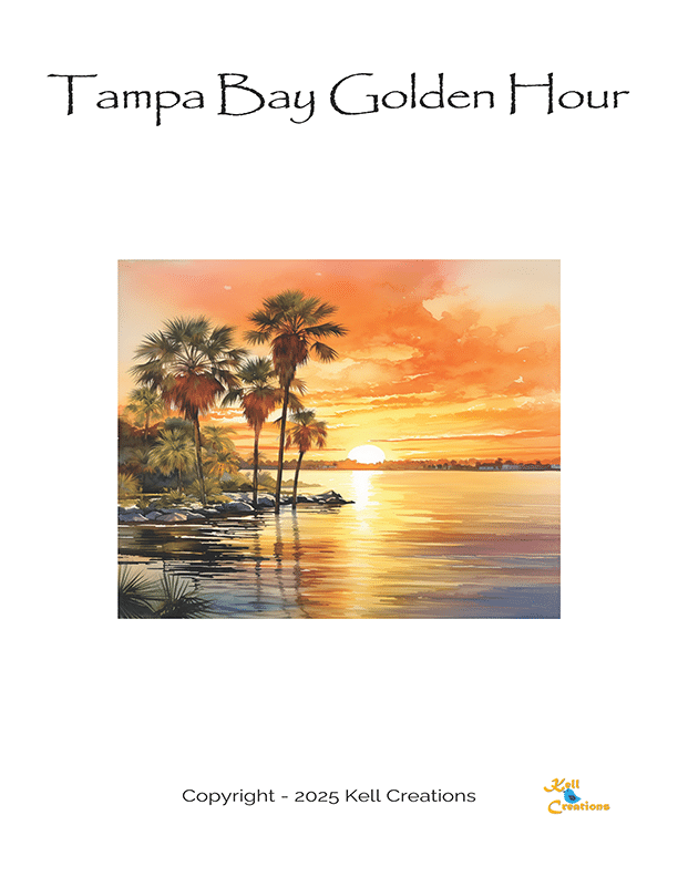 Tampa Bay sunset watercolor art print with palm trees, orange sky, and reflective water by Kell Creations.