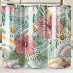 Hibiscus Tumbler Wrap, 20 oz Skinny Hibiscus Tumbler PNG, Florida Retro, Pastel Rainbow, Sublimation Designs, Digital Download