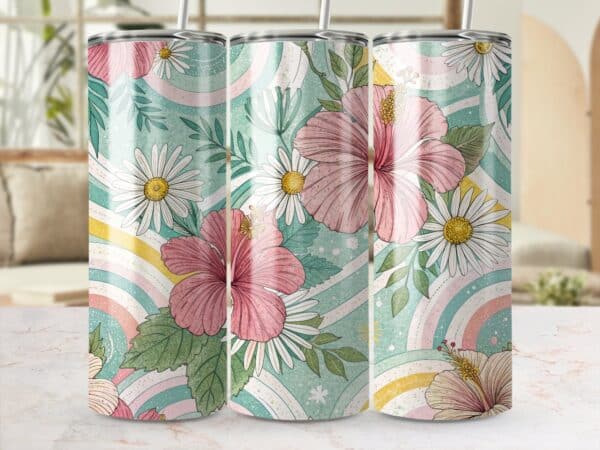 Hibiscus Tumbler Wrap, 20 oz Skinny Hibiscus Tumbler PNG, Florida Retro, Pastel Rainbow, Sublimation Designs, Digital Download