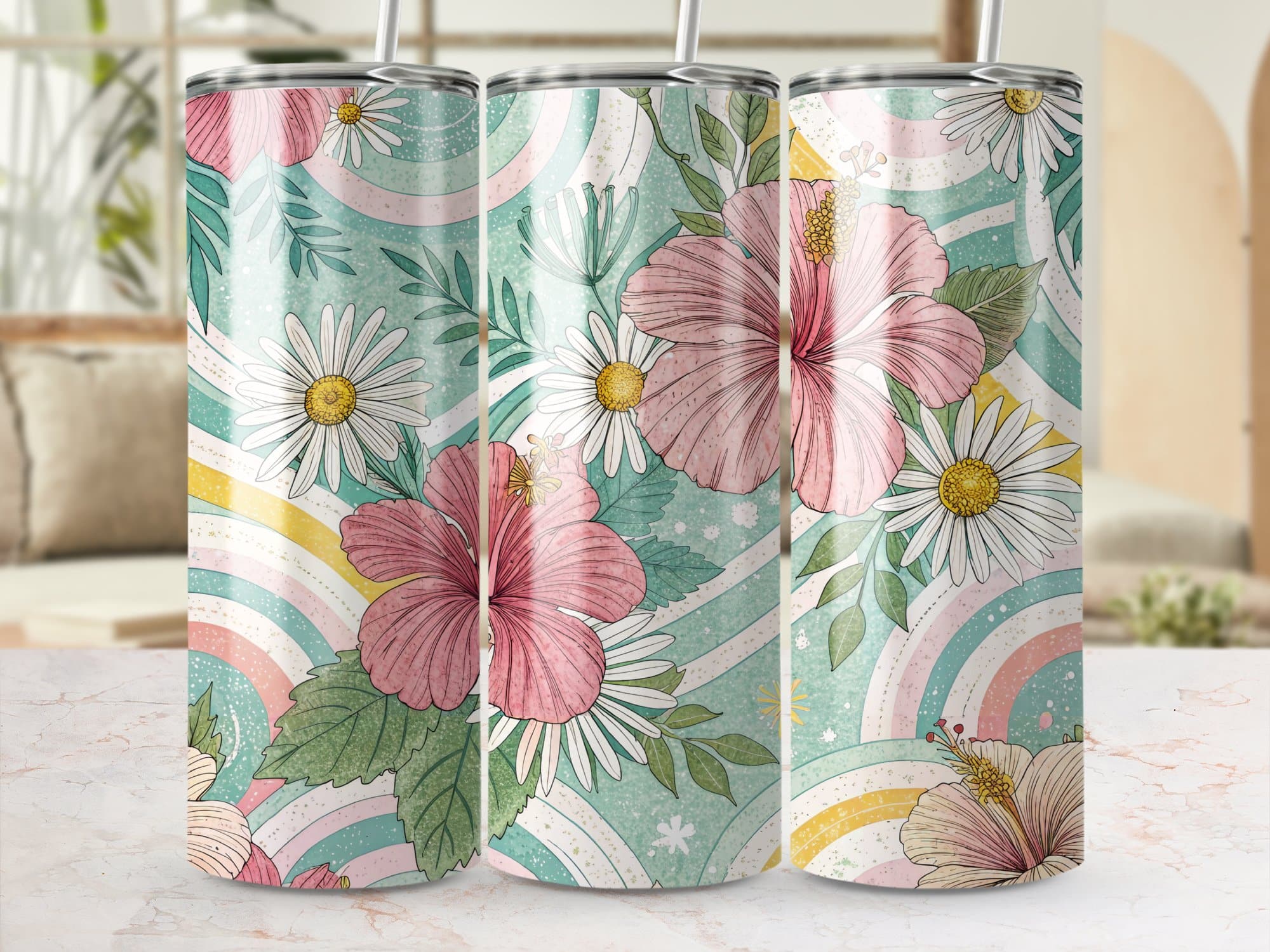 Hibiscus Tumbler Wrap, 20 oz Skinny Hibiscus Tumbler PNG, Florida Retro, Pastel Rainbow, Sublimation Designs, Digital Download