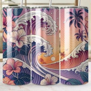 Hibiscus Tumbler Wrap, 20 oz Skinny Flower Tumbler PNG, Florida Retro, Ocean Waves, Sublimation Designs, Digital Download