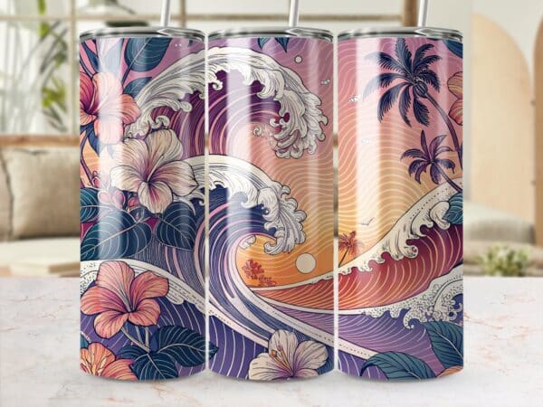 Hibiscus Tumbler Wrap, 20 oz Skinny Flower Tumbler PNG, Florida Retro, Ocean Waves, Sublimation Designs, Digital Download