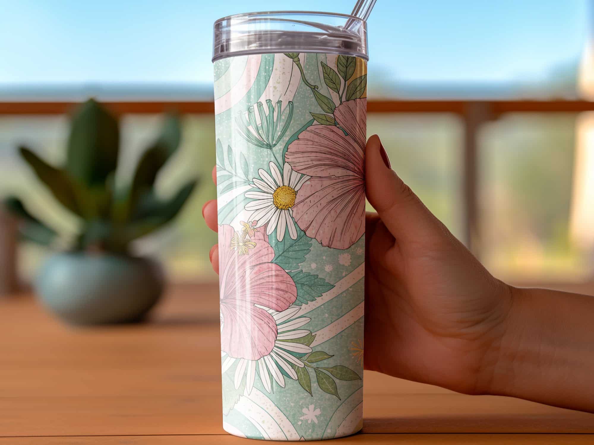 Hibiscus Tumbler Wrap, 20 oz Skinny Hibiscus Tumbler PNG, Florida Retro, Pastel Rainbow, Sublimation Designs, Digital Download - Image 3