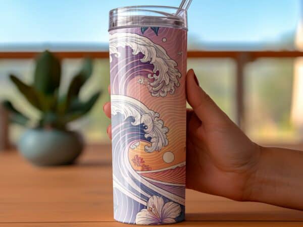 Hibiscus Tumbler Wrap, 20 oz Skinny Flower Tumbler PNG, Florida Retro, Ocean Waves, Sublimation Designs, Digital Download - Image 3