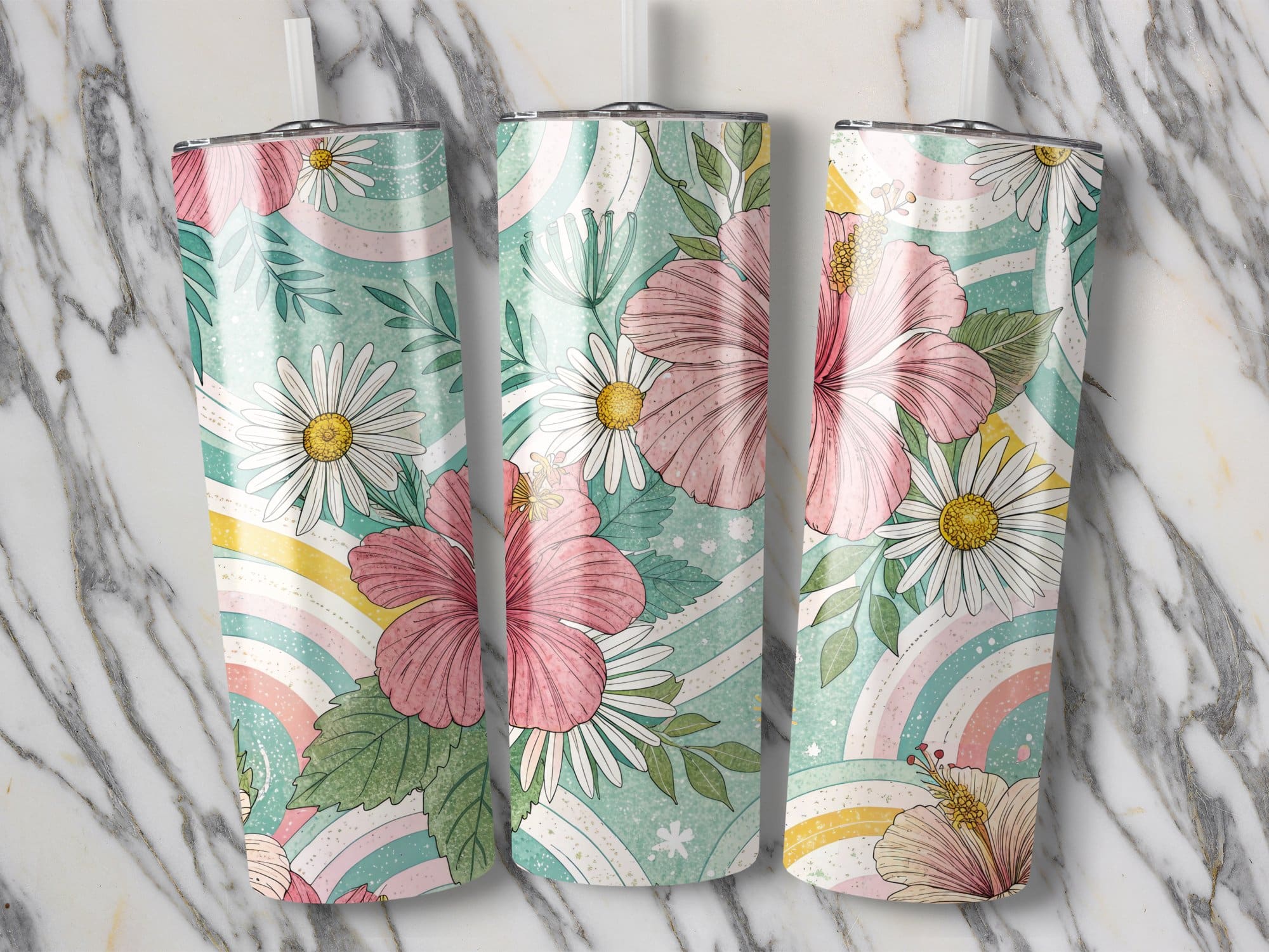 Hibiscus Tumbler Wrap, 20 oz Skinny Hibiscus Tumbler PNG, Florida Retro, Pastel Rainbow, Sublimation Designs, Digital Download - Image 2