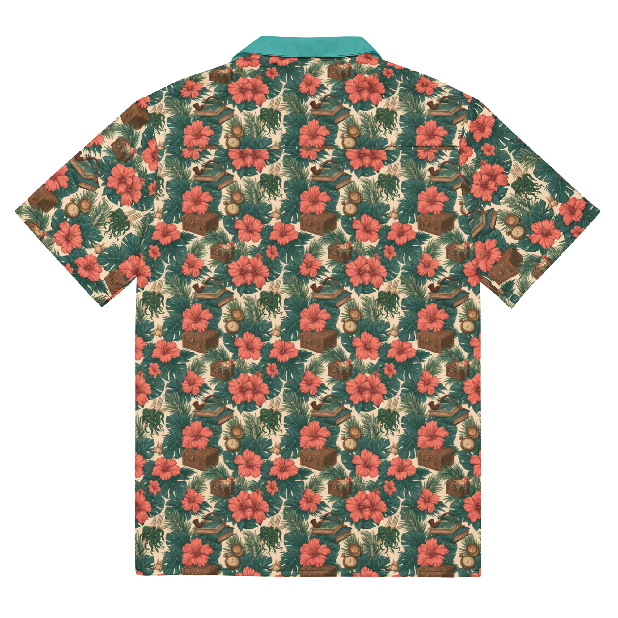 dinglehopper hawaiian shirt pattern close up with forks and tobacco pipes